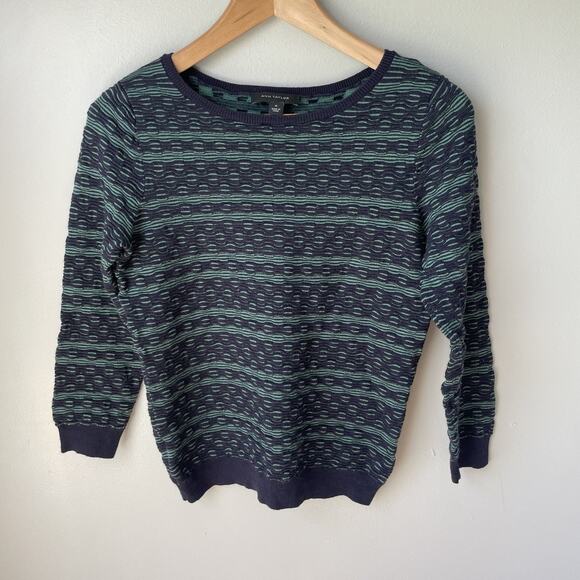 Ann Taylor Size M Superfine Merino Wool‎ Green Navy Blue Ribbed Sweater Women - Picture 1 of 6